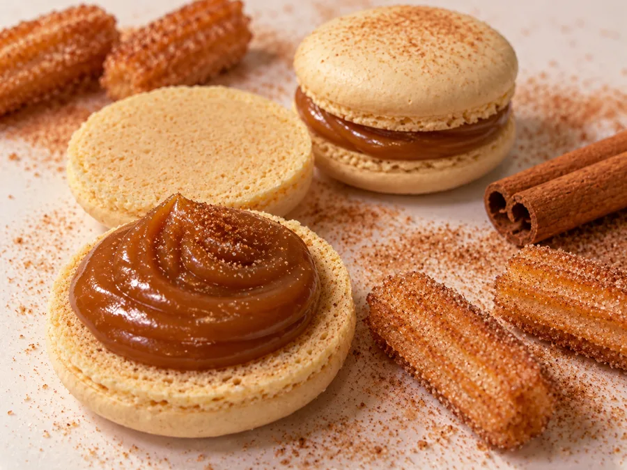 Macarons de churros com doce de leite, churros e canela em pau