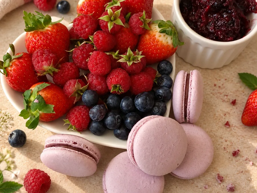 Macarons lilás com frutas vermelhas